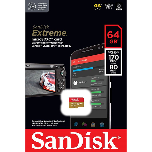 Карта памяти SanDisk microSDXC C10 64GB UHS-I U3 R170/W80MB/s Extreme V30 (SDSQXAH-064G-GN6MN)
