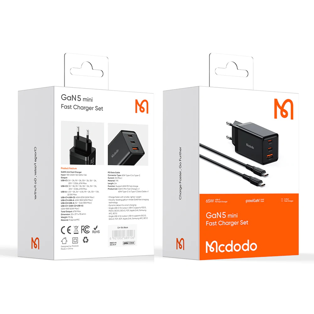 Зарядний пристрій Mcdodo GaN 5 Pro Mini Fast Charger 65W 2м (CH-1542) Black