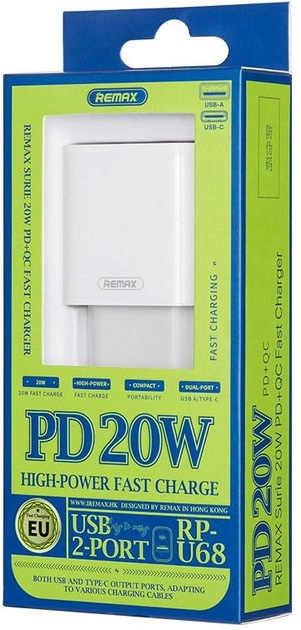 Сетевое зарядное устройство Remax RP-U68 USB/ Type-C PD QC 20W 3A белое
