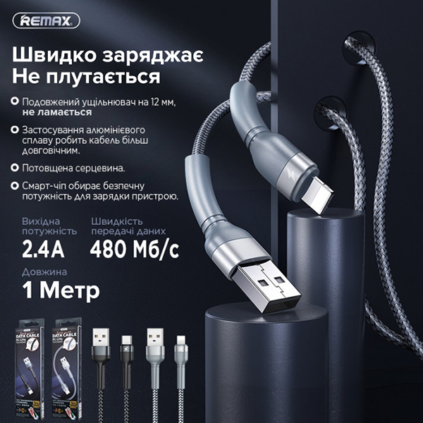 Дата кабель для заряджання айфонів USB - Lightning 8-pin REMAX Jany RC-124i Чорний (1м)