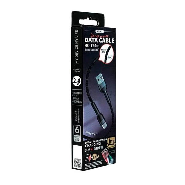 Дата Кабель для заряджання REMAX Jany RC-124m USB 2.0 — micro USB 2.4A Чорний (1м)