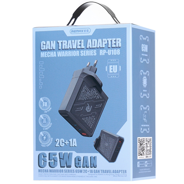 Швидка GaN зарядка 65W REMAX RP-U108 2xType-C + 1xUSB-A Чорний