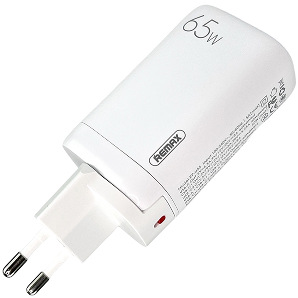 Быстрая GaN зарядка 65W REMAX RP-U55 PD+QC 1xUSB-A 2xType-C EU Белый