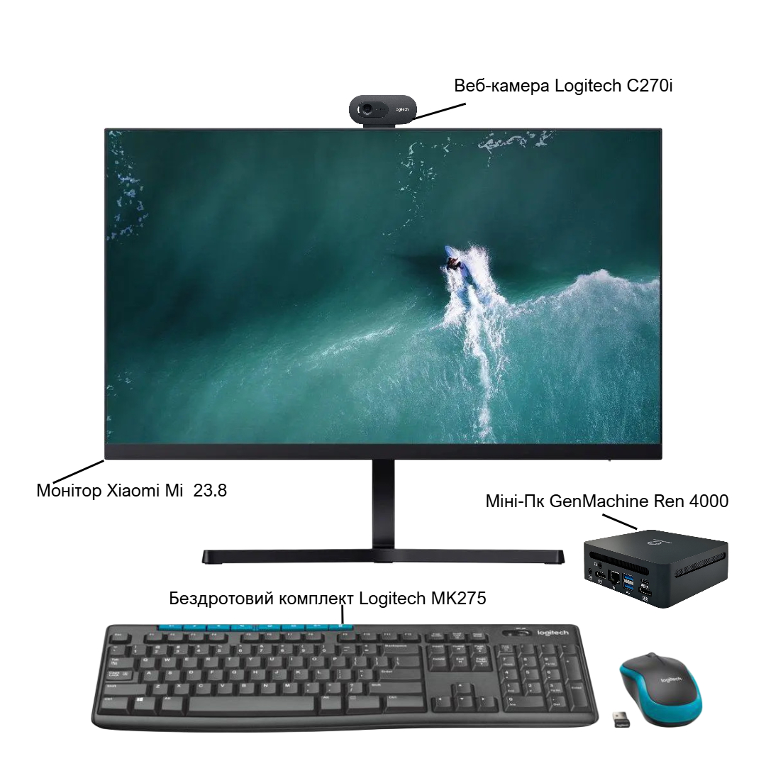 Комплект ПК офисный 4в1: Мини-ПК GenMachine Ryzen 3 4300U / 8GB / 256GB + Монитор 23.8" Xiaomi + Клавиатура и мышь Logitech + Веб-камера Logitech