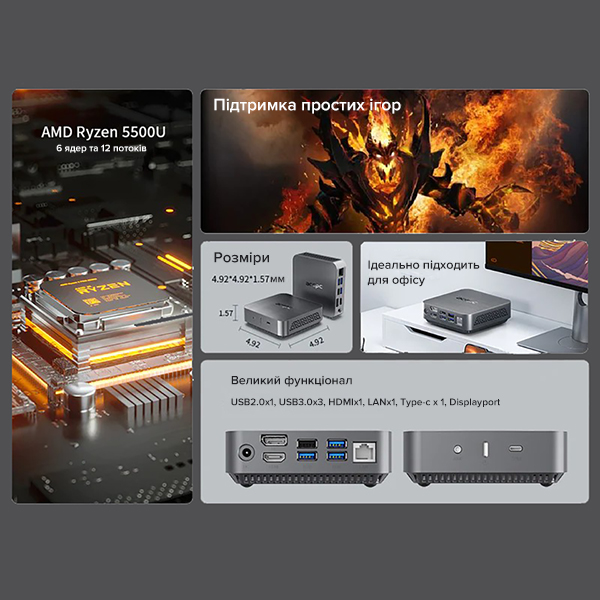Ігровий міні-пк PowerBox Home AM02Pro AMD Ryzen 5500U DDR4 32Гб