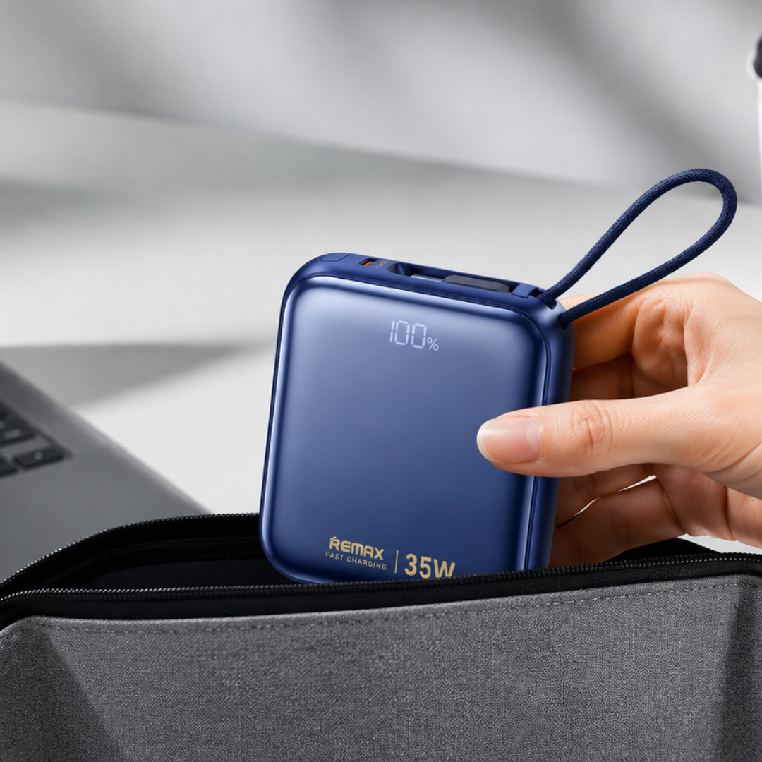 Павербанк 10000 мАч Remax AS-181-35 – 35 Вт, PD+QC, USB-C, кабели USB-C + Lightning, дисплей, синий