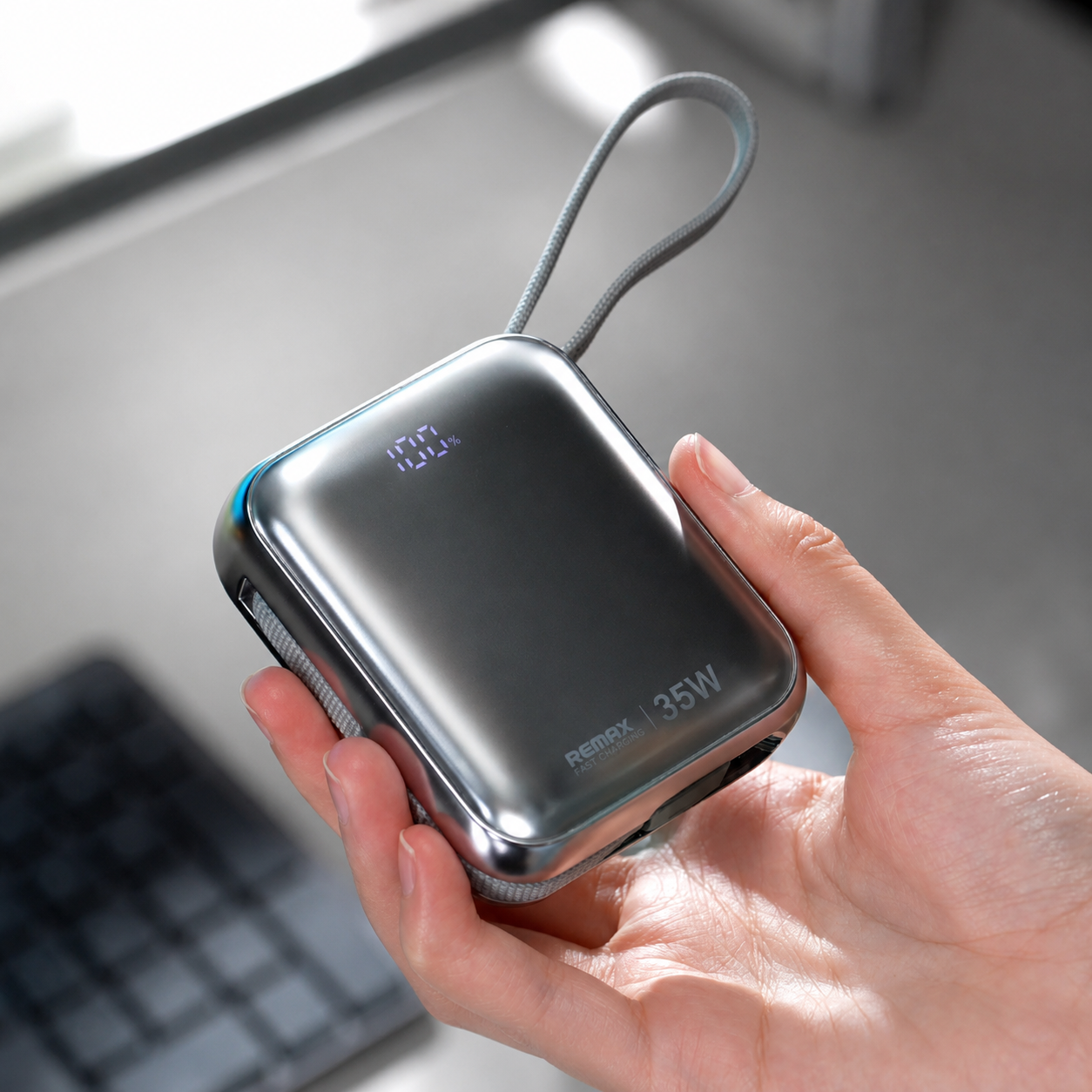 Павербанк 10000 мАч Remax AS-181-35 – 35 Вт, PD+QC, USB-C, кабели USB-C + Lightning, дисплей, серебряный