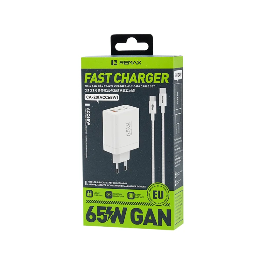 Зарядний пристрій 65 Вт Remax CA-20 (ACC65W) – GaN, 2×USB-C + USB-A, EU, білий