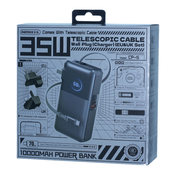 Павербанк Remax CP-5 + вилки EU і UK / 10000 мАг / 35 Вт / USB-C + USB-A / PD+QC / Чорний