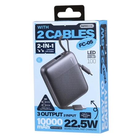 Павербанк Remax FC-05 / 10000 мАч / 22,5 Вт / USB-C +  Lightning / PD+QC / Серый