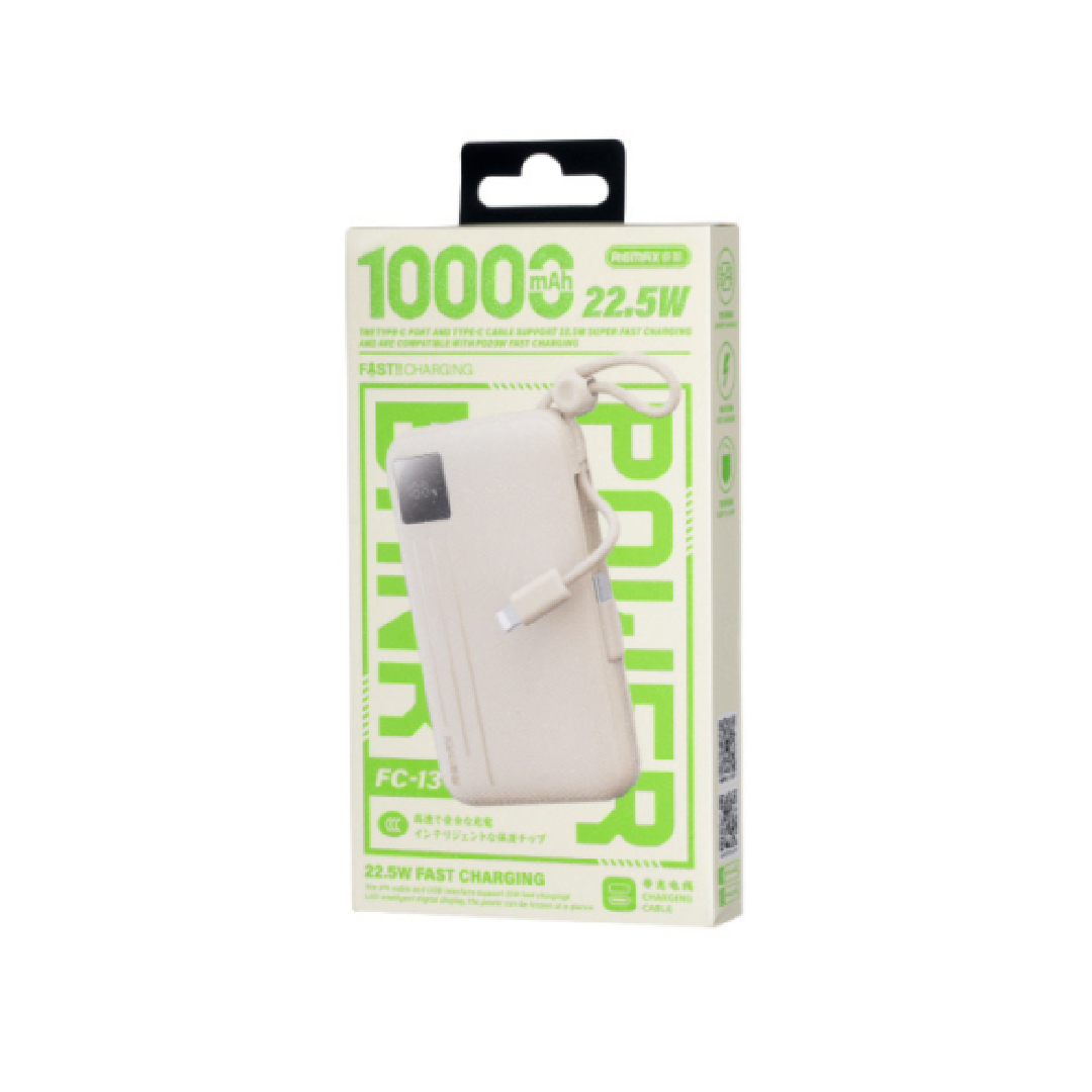 Павербанк 10000 мАч Remax FC-13 – 22,5 Вт, PD+QC, USB-C+USB-A, кабели USB-C+ Lightning, дисплей, бежевый