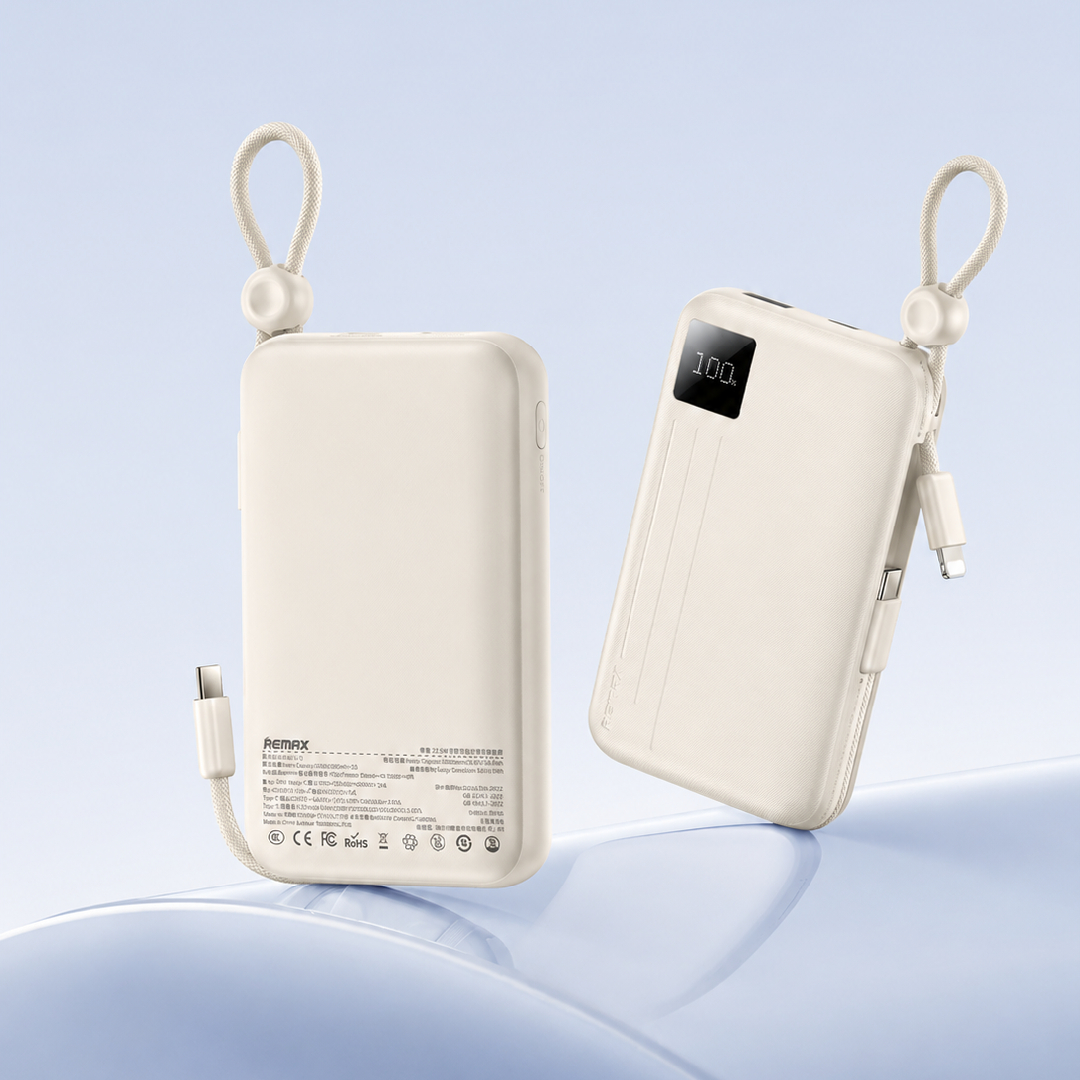 Павербанк 10000 мАч Remax FC-13 – 22,5 Вт, PD+QC, USB-C+USB-A, кабели USB-C+ Lightning, дисплей, бежевый