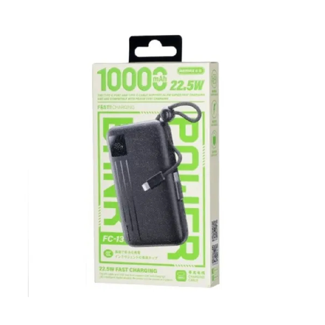 Павербанк 10000 мАч Remax FC-13 – 22,5 Вт, PD+QC, USB-C+USB-A, кабели USB-C+ Lightning, дисплей, черный