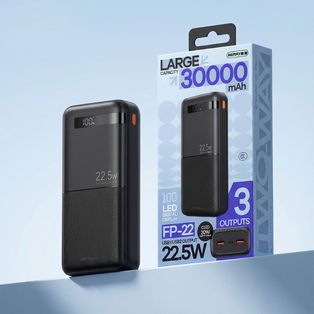 Павербанк 30000 мАч Remax FP-22 – 22,5 Вт, PD+QC, USB-C + 2×USB-A, с дисплеем, черный