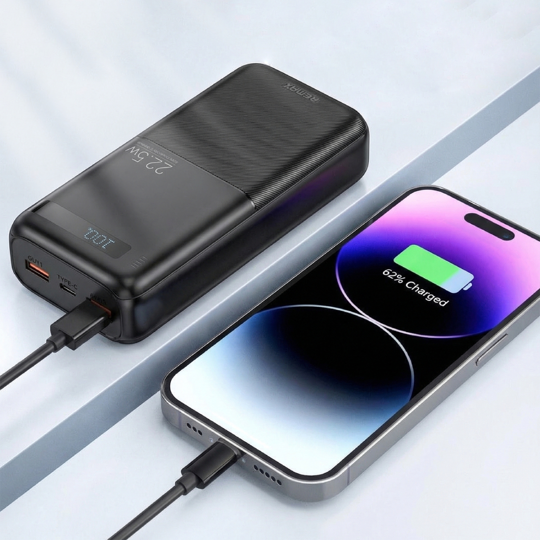 Павербанк 30000 мАч Remax FP-22 – 22,5 Вт, PD+QC, USB-C + 2×USB-A, с дисплеем, черный