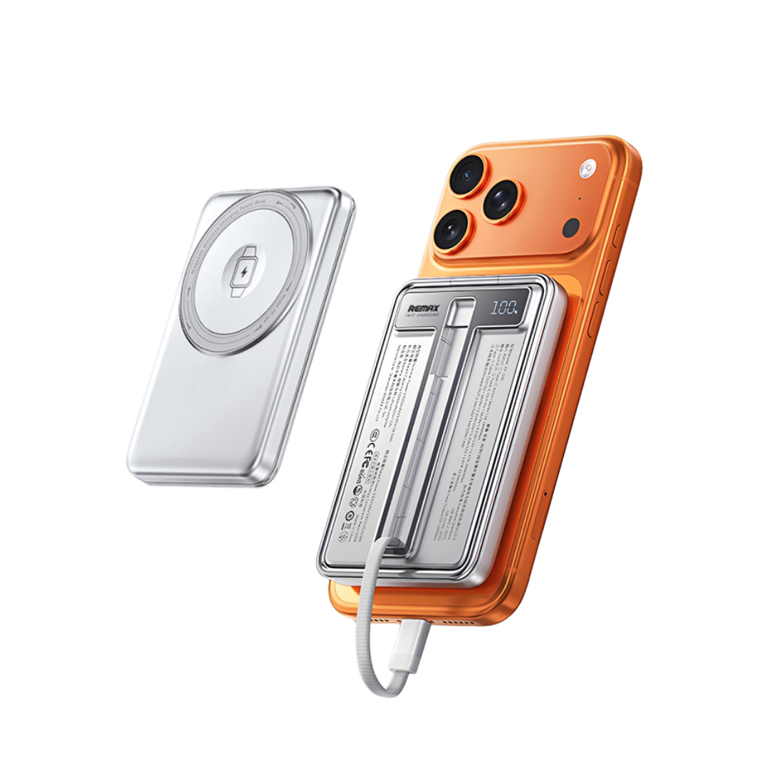 Павербанк 10000 мА·ч Remax FP-109 – 22,5 Вт, PD+QC, USB-С + встроенный кабель Type-C + магнитная беспроводная зарядка, серебристый