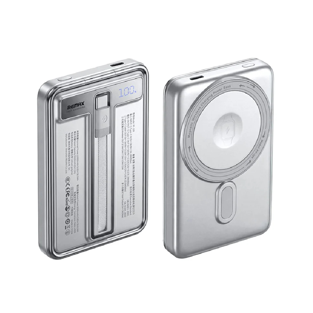 Павербанк 10000 мА·ч Remax FP-109 – 22,5 Вт, PD+QC, USB-С + встроенный кабель Type-C + магнитная беспроводная зарядка, серебристый