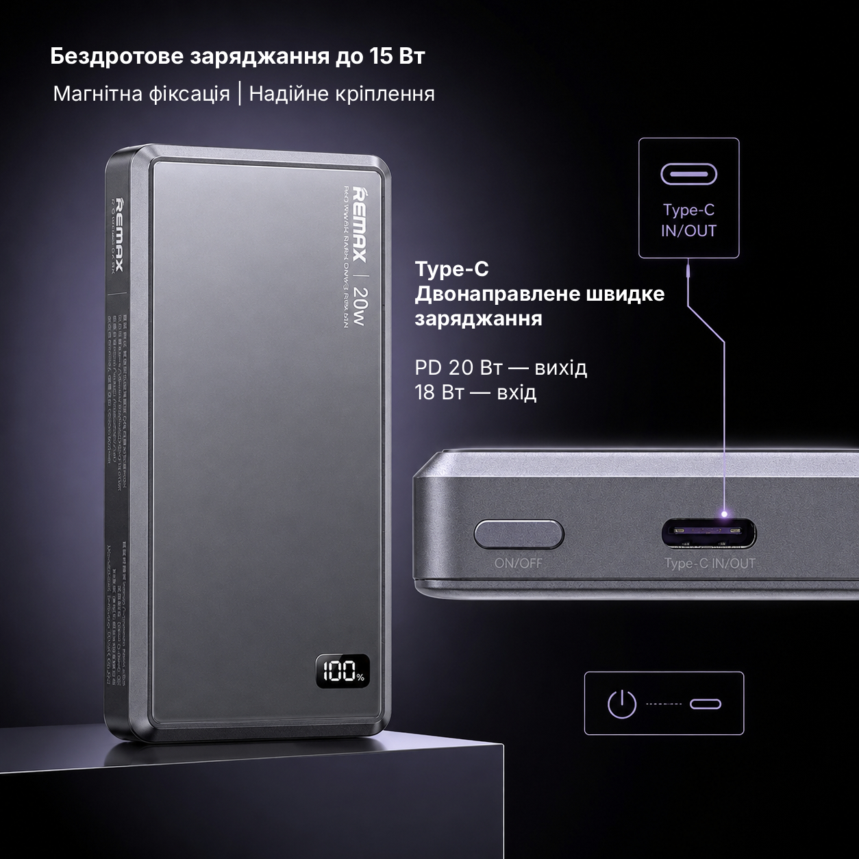 Павербанк 5000 мА·час Remax FP-36 – 20 Вт, PD+QC, USB-C + MagSafe, беспроводная зарядка, серый