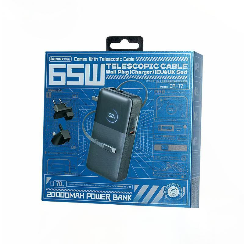 Павербанк Remax CP-17 + вилки EU и UK / 20000 мАч / 65 Вт / 2 х USB-C, USB-A / PD+QC / Черный