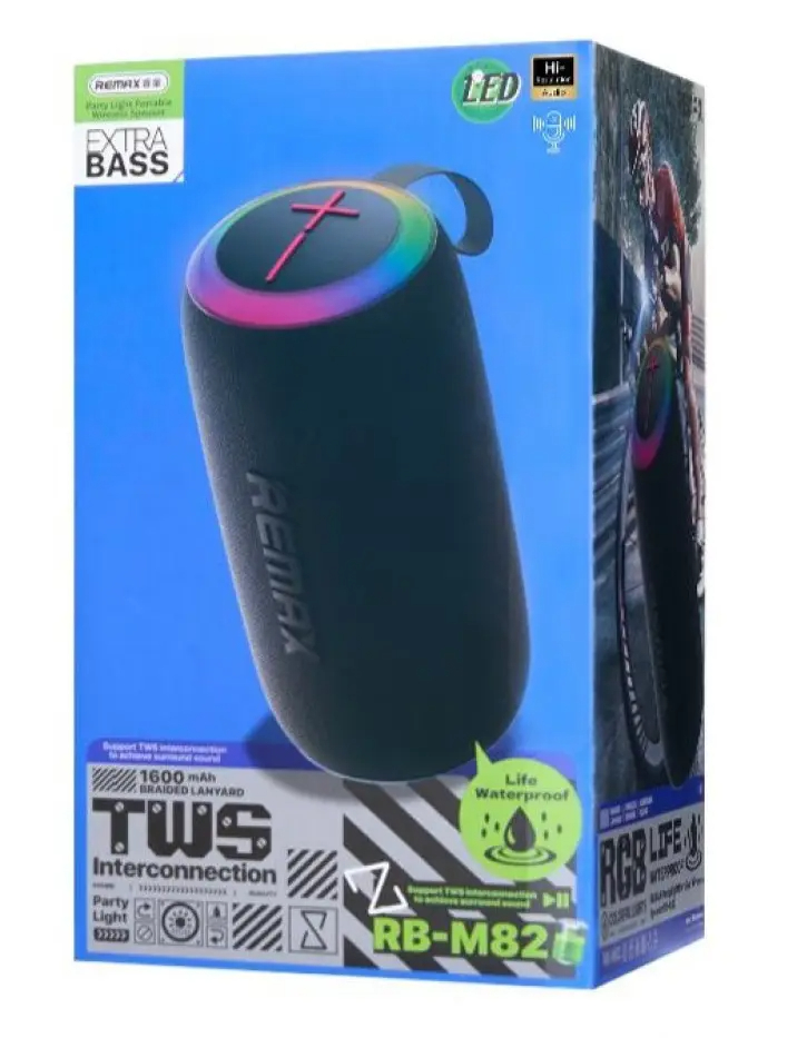 Портативна колонка Remax RB-M82 / RGB-підсвітка / TWS / Bluetooth 5.4, USB, TF card / FM-радіо / до 5 годин роботи