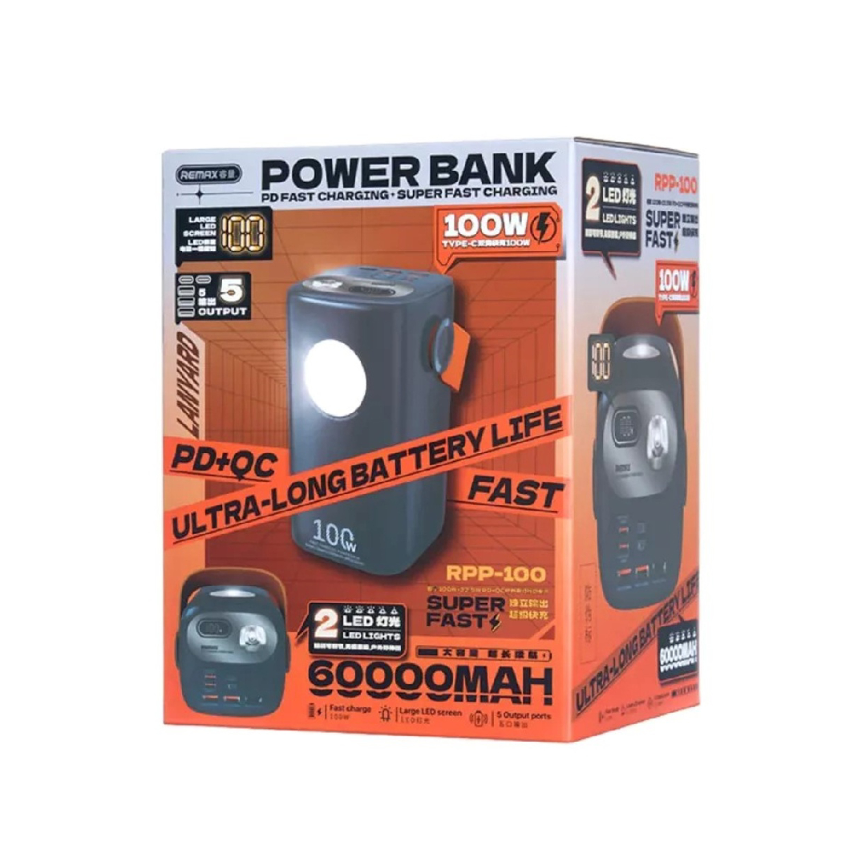 Павербанк 60000 мАч Remax RPP-100 – 100 Вт, PD+QC, USB-C+USB-A, дисплей, фонарик, синий