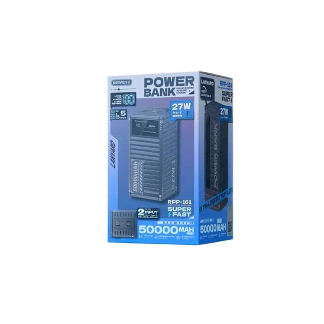 Павербанк 50000 мАч Remax RPP-161 – 27 Вт, PD+QC, USB-C + 4×USB-A, фонарик, серый