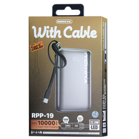 Павербанк Remax RPP-19 / 10000 мАч / 20Вт + 22.5Вт / 2 х USB-C, USB-A / PD+QC / Cерый