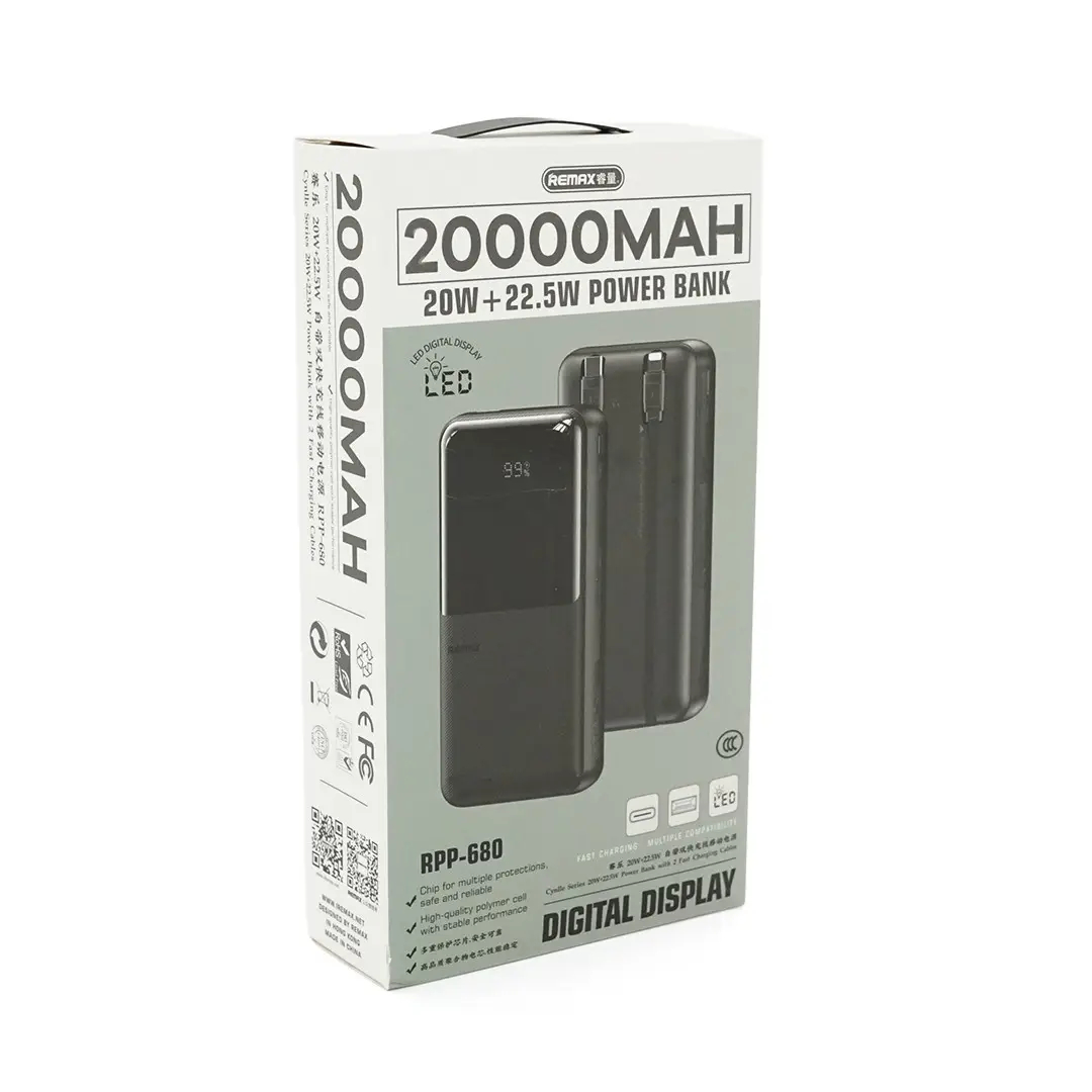 Павербанк 20000 мА·час Remax RPP-680 – 22,5 Вт, PD+QC, USB-A, с кабелями Type-C + Lightning, дисплей, черный