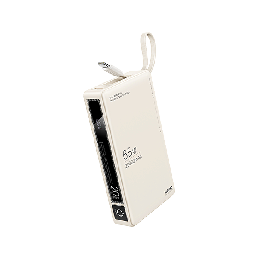 Павербанк 20000 мА·ч Remax RPP-87 – 65 Вт, PD+QC, USB-C + USB-A, встроенный кабель Type-C, бежевый