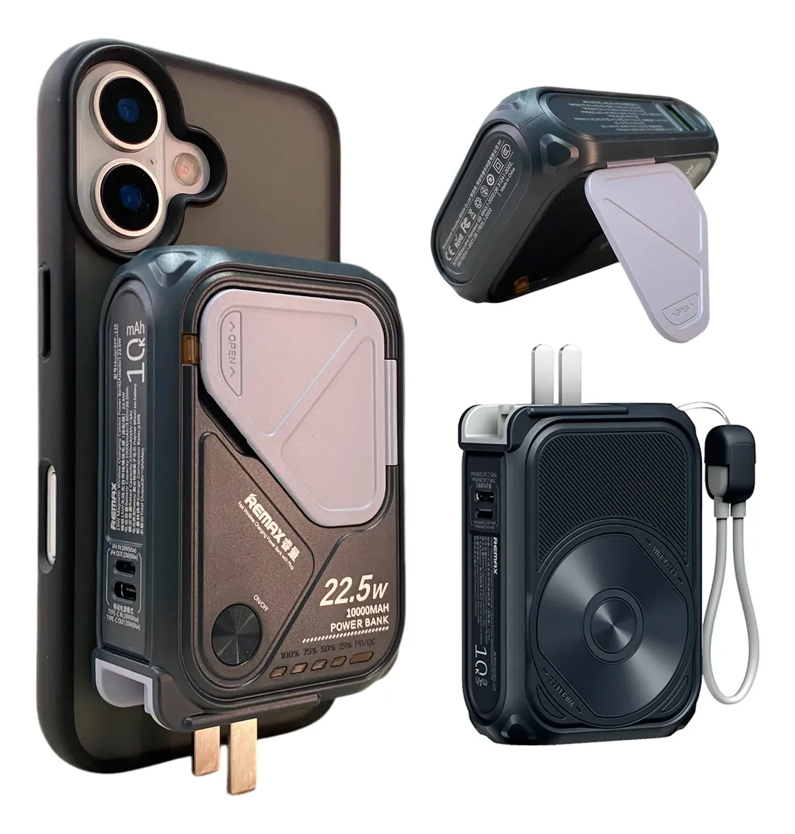 Павербанк-адаптер Remax RPP-116 з вилкою та кабелем / 10000 мАг / 22.5 Вт / USB-C,USB-A,Lightning,MagSafe / PD+QC / Чорний