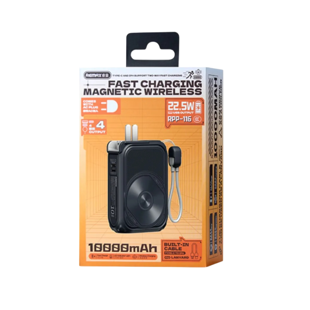 Павербанк-адаптер Remax RPP-116 з вилкою та кабелем / 10000 мАг / 22.5 Вт / USB-C,USB-A,Lightning,MagSafe / PD+QC / Чорний