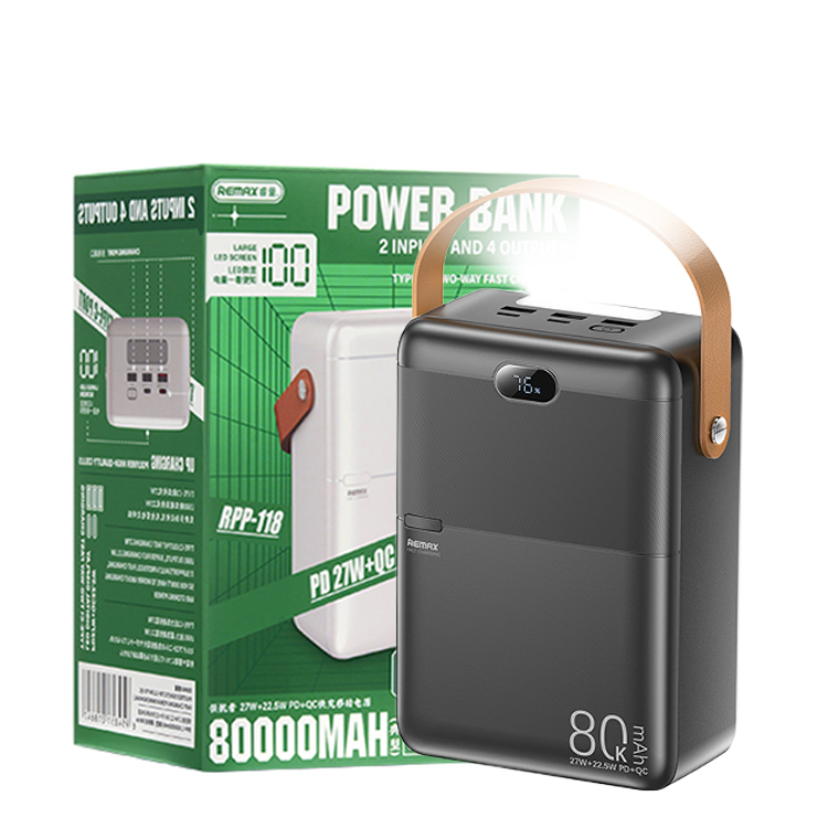 Павербанк Remax RPP-118 Piloteer Series / 80000 мАч / 27 Вт + 22,5 Вт / USB-C + 3×USB-A / PD+QC / Черный