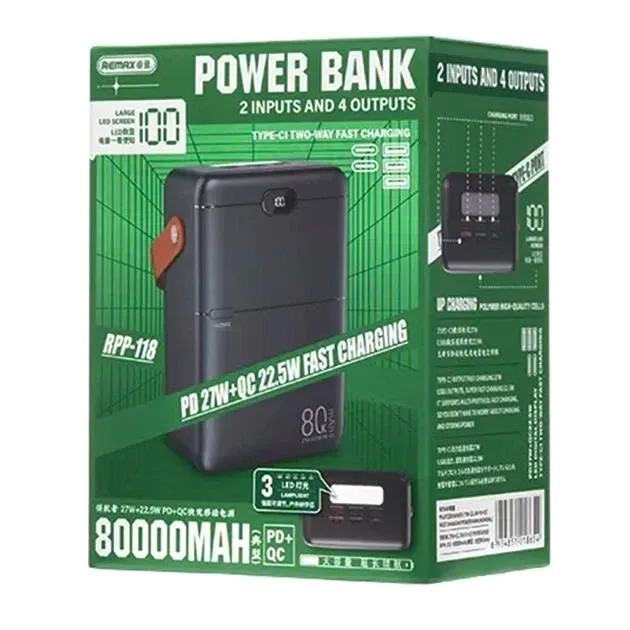Павербанк Remax RPP-118 Piloteer Series / 80000 мАч / 27 Вт + 22,5 Вт / USB-C + 3×USB-A / PD+QC / Черный