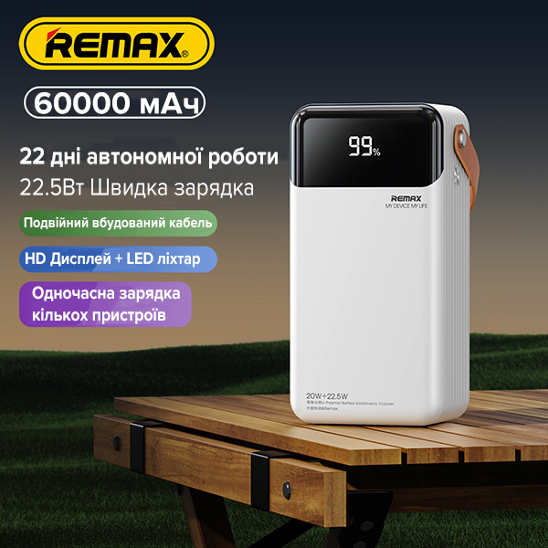 Повербанк 60000 мАг 22,5W із кабелем Type-c Lightning Remax RPP-565 PD+QC Сірий