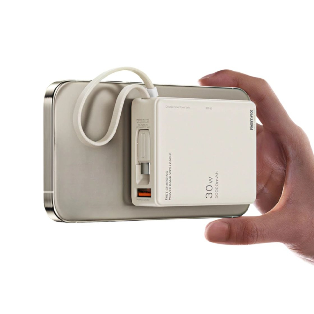 Павербанк 10000 мАч Remax RPP-86 – 30 Вт, PD+QC, USB-C + USB-A, встроенный кабель, бежевый