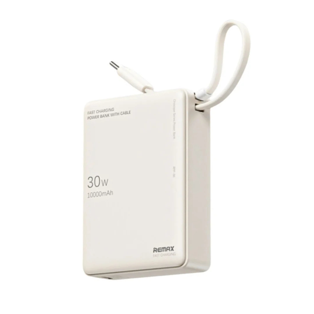 Павербанк 10000 мАч Remax RPP-86 – 30 Вт, PD+QC, USB-C + USB-A, встроенный кабель, бежевый