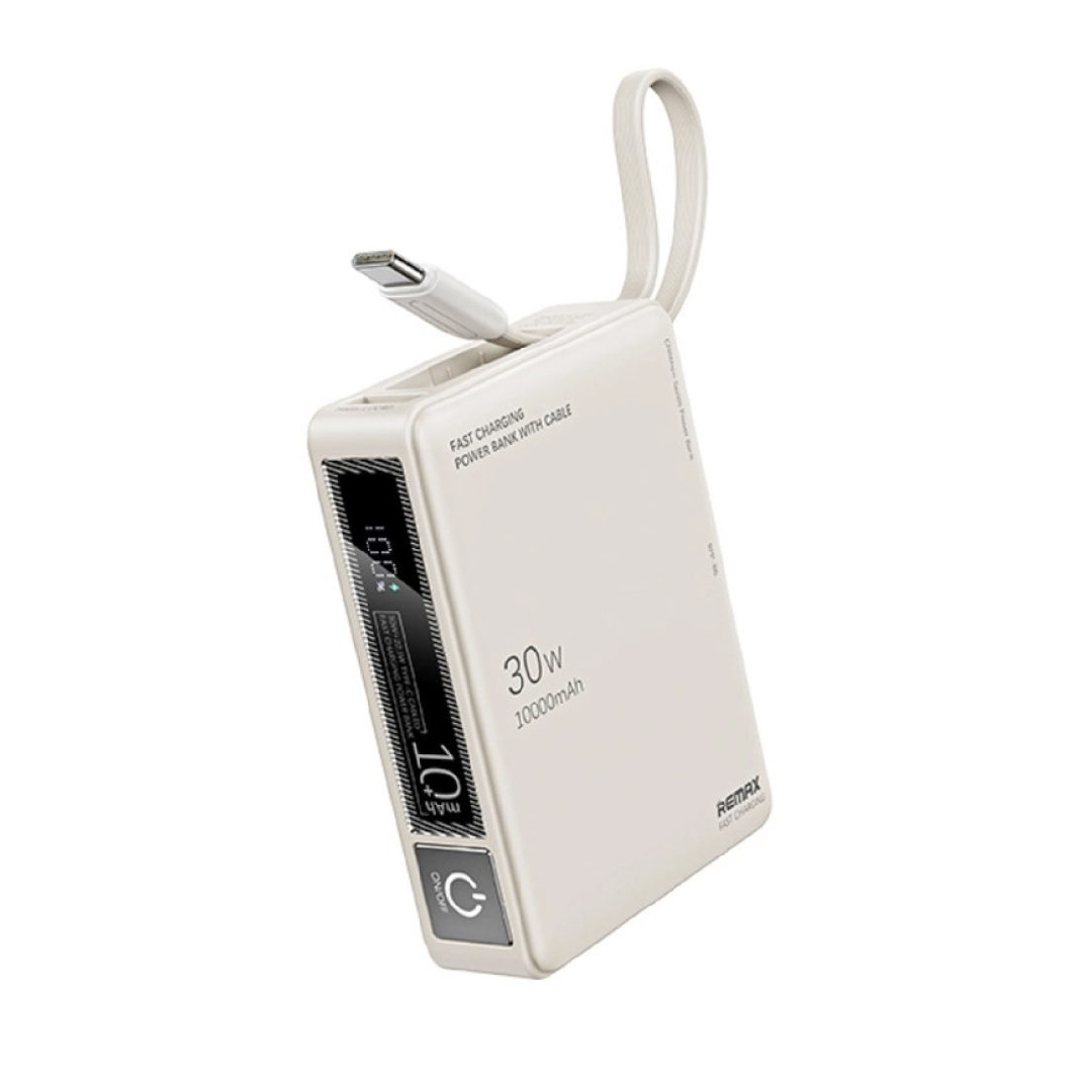 Павербанк 10000 мАч Remax RPP-86 – 30 Вт, PD+QC, USB-C + USB-A, встроенный кабель, бежевый