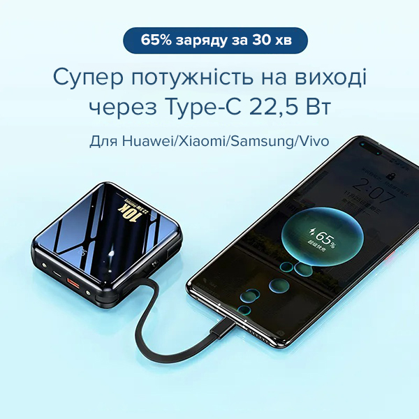 Мини повербанк 10000 мАч 22.5W с быстрой зарядкой Remax RPP-285 PD+QC 22.5W Type-C Lightning Black