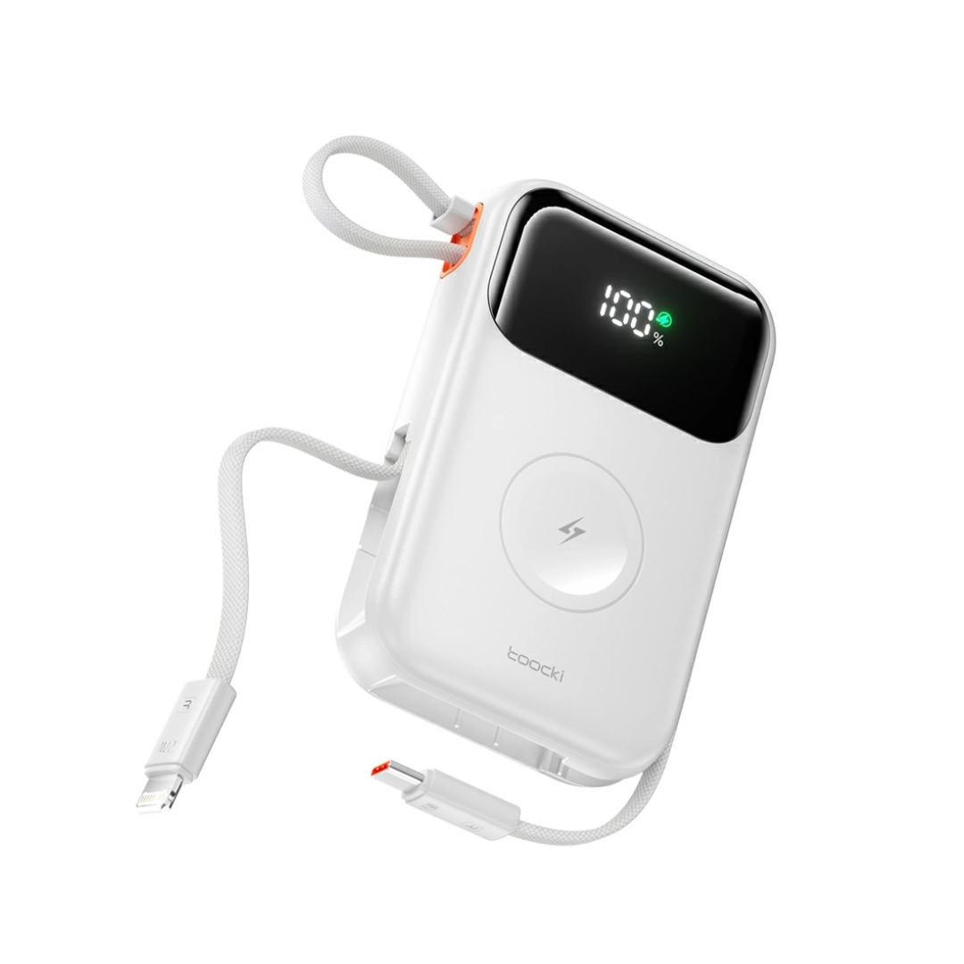 Павербанк 10000 мА·год Toocki TQ-PB07A – 35 Вт, PD+QC, вбудовані USB-C і Lightning кабелі, зарядка Apple Watch, білий