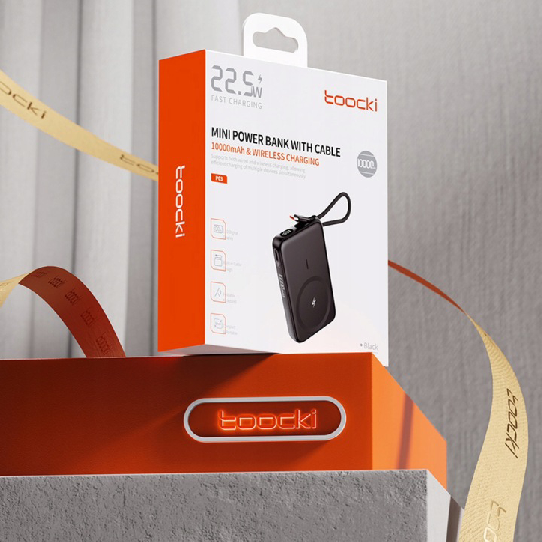 Павербанк 10000 мА·год Toocki TP03251 – 22.5 Вт, USB-C, магнітна бездротова зарядка 15 Вт, чорний