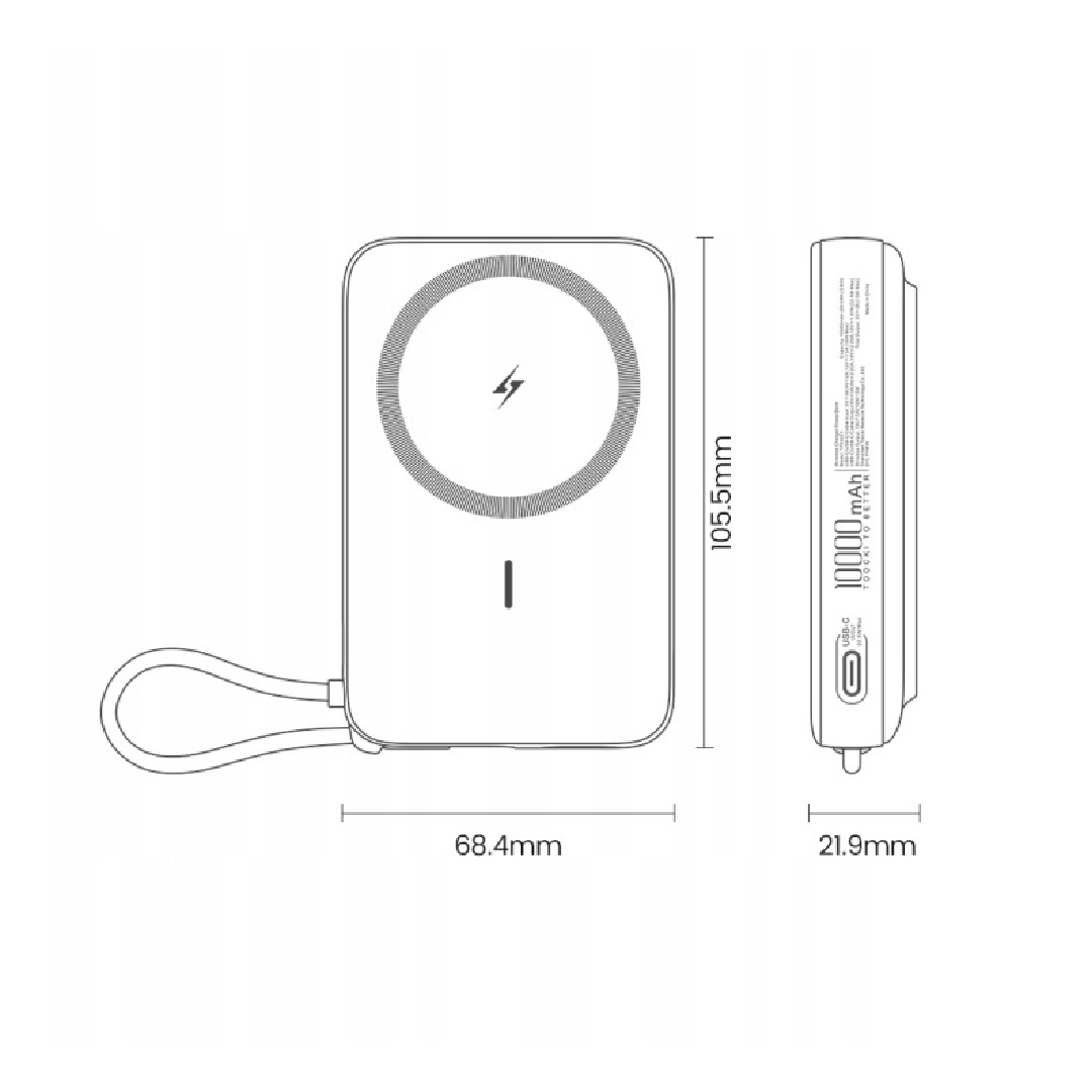 Павербанк 10000 мА·год Toocki TP03251 – 22.5 Вт, USB-C, магнітна бездротова зарядка 15 Вт, чорний