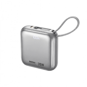 Павербанк 10000 мАч Remax AS-181-35 – 35 Вт, PD+QC, USB-C, кабели USB-C + Lightning, дисплей, серебряный
