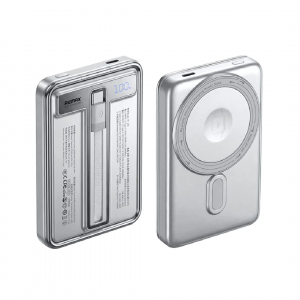 Павербанк 10000 мА·ч Remax FP-109 – 22,5 Вт, PD+QC, USB-С + встроенный кабель Type-C + магнитная беспроводная зарядка, серебристый