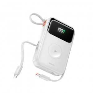 Павербанк 10000 мА·год Toocki TQ-PB07A – 35 Вт, PD+QC, вбудовані USB-C і Lightning кабелі, зарядка Apple Watch, білий